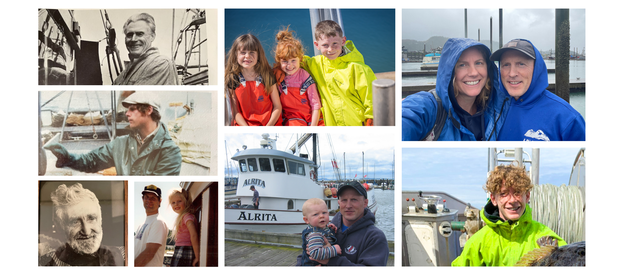 Sea Sea history collage showcasing the five generations of family fisherman history - Sena's great grandfather, Sena's grandfather, Sena's Father, Sena, her husband and children 