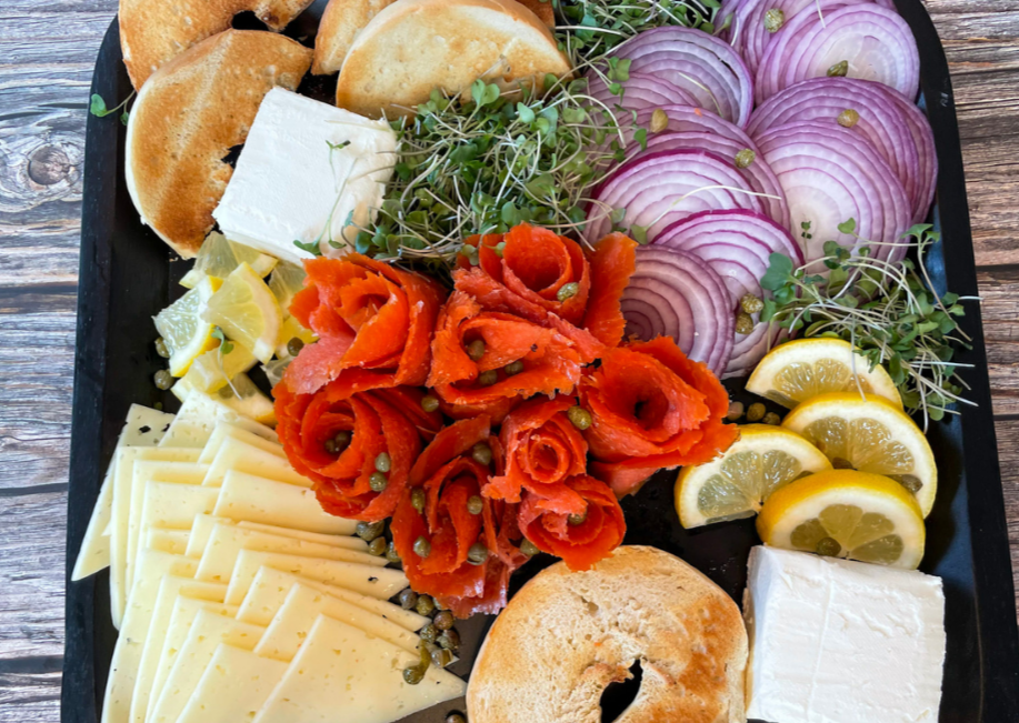 Lox, cream cheese and bagels with copper river sockeye lox