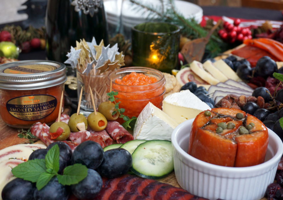 Charcuterie board with wild alaskan smoked salmon