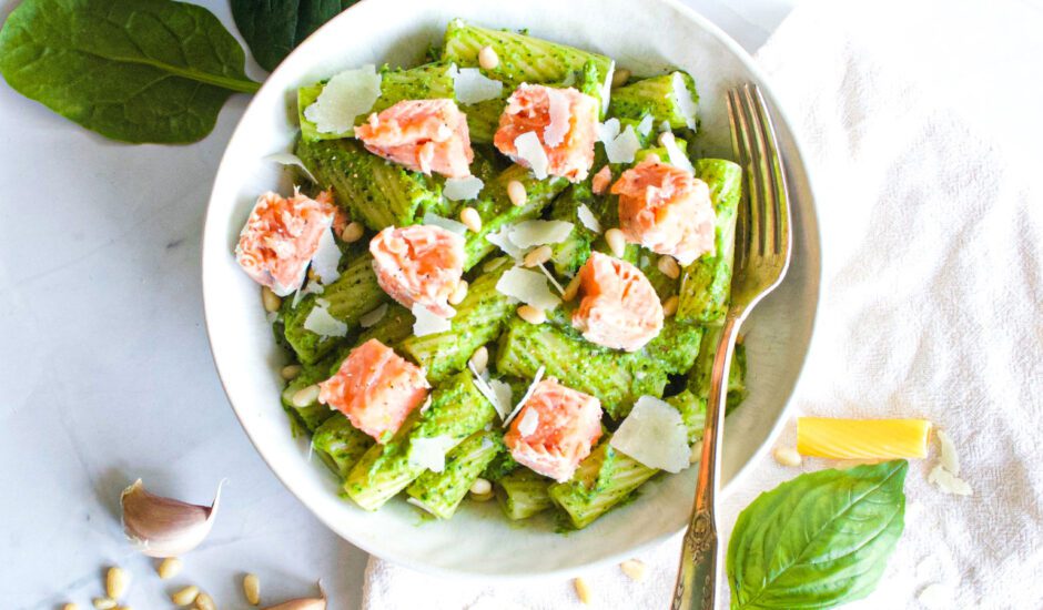 Creamy Avocado Pesto Pasta with Salmon Bites