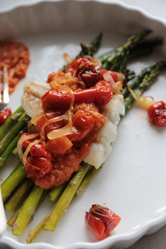 30 Minute Roasted Asparagus and Cod with Rustic Tomato Sauce