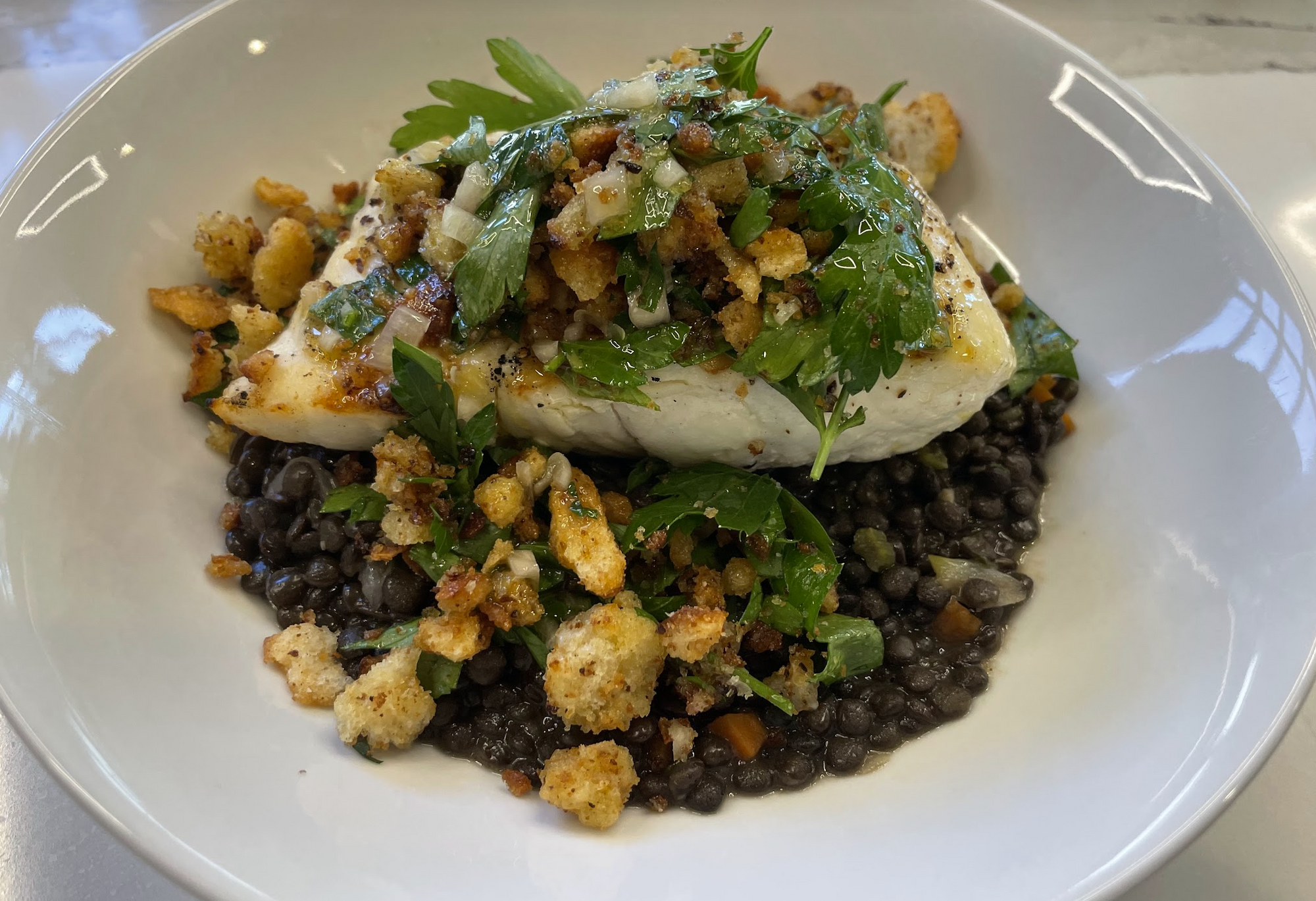 Pan-Roasted Halibut with Toasted Breadcrumb Salad and Green Lentils