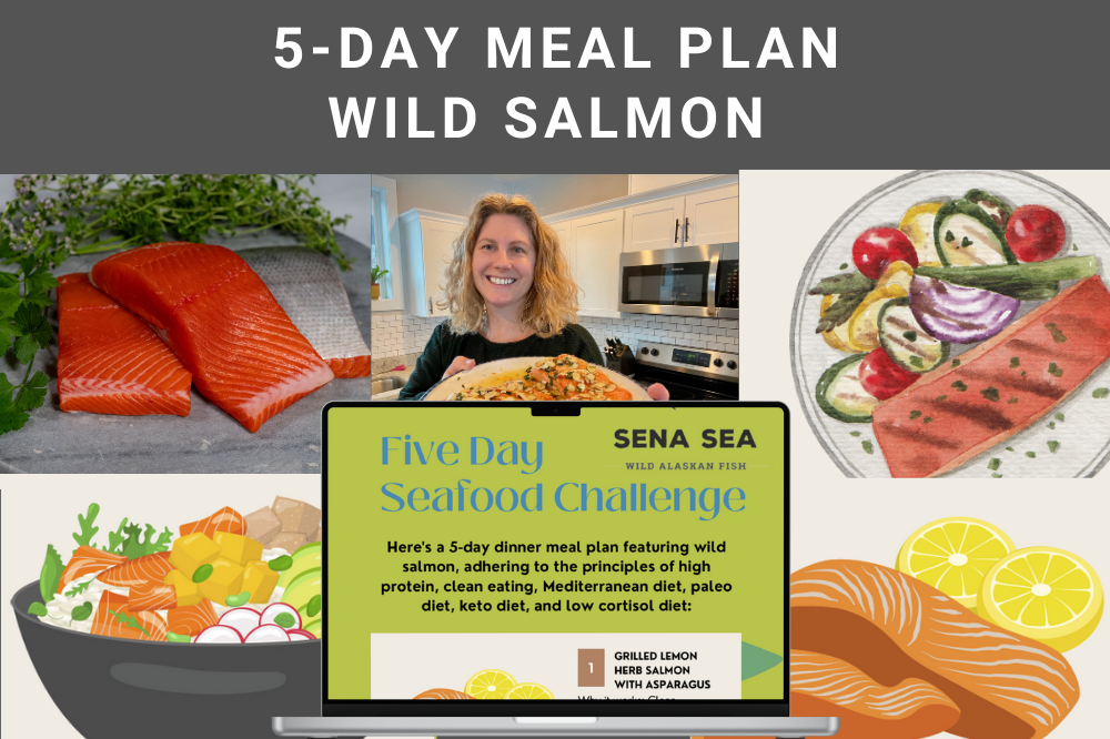 Promotional graphic for a 5-day wild salmon meal plan with images of salmon and sena cooking