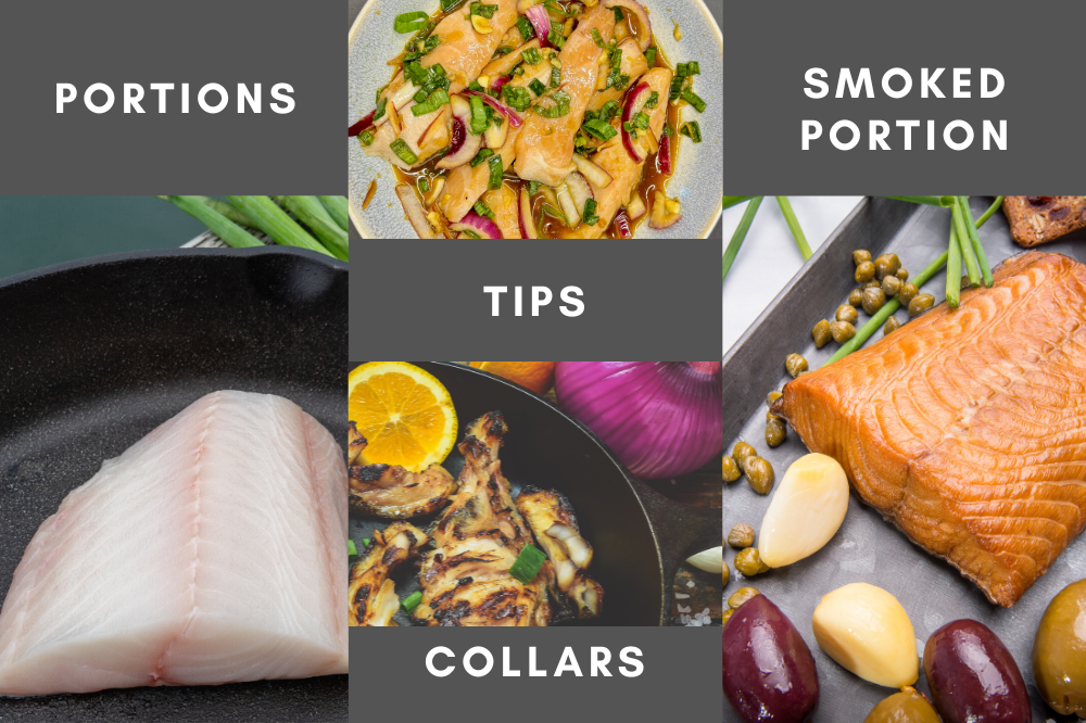 A six-panel informational collage about smoked fish portions and collars. Panels include a raw fish fillet in a pan labeled 'PORTIONS', a prepared salmon dish labeled 'TIPS', and a smoked salmon serving with capers, garlic, and olives labeled 'SMOKED PORTION'.