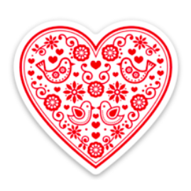 Red and white bird print Scandinavian heart sticker