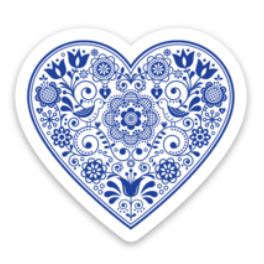 Blue and white floral and bird print Scandinavian heart sticker