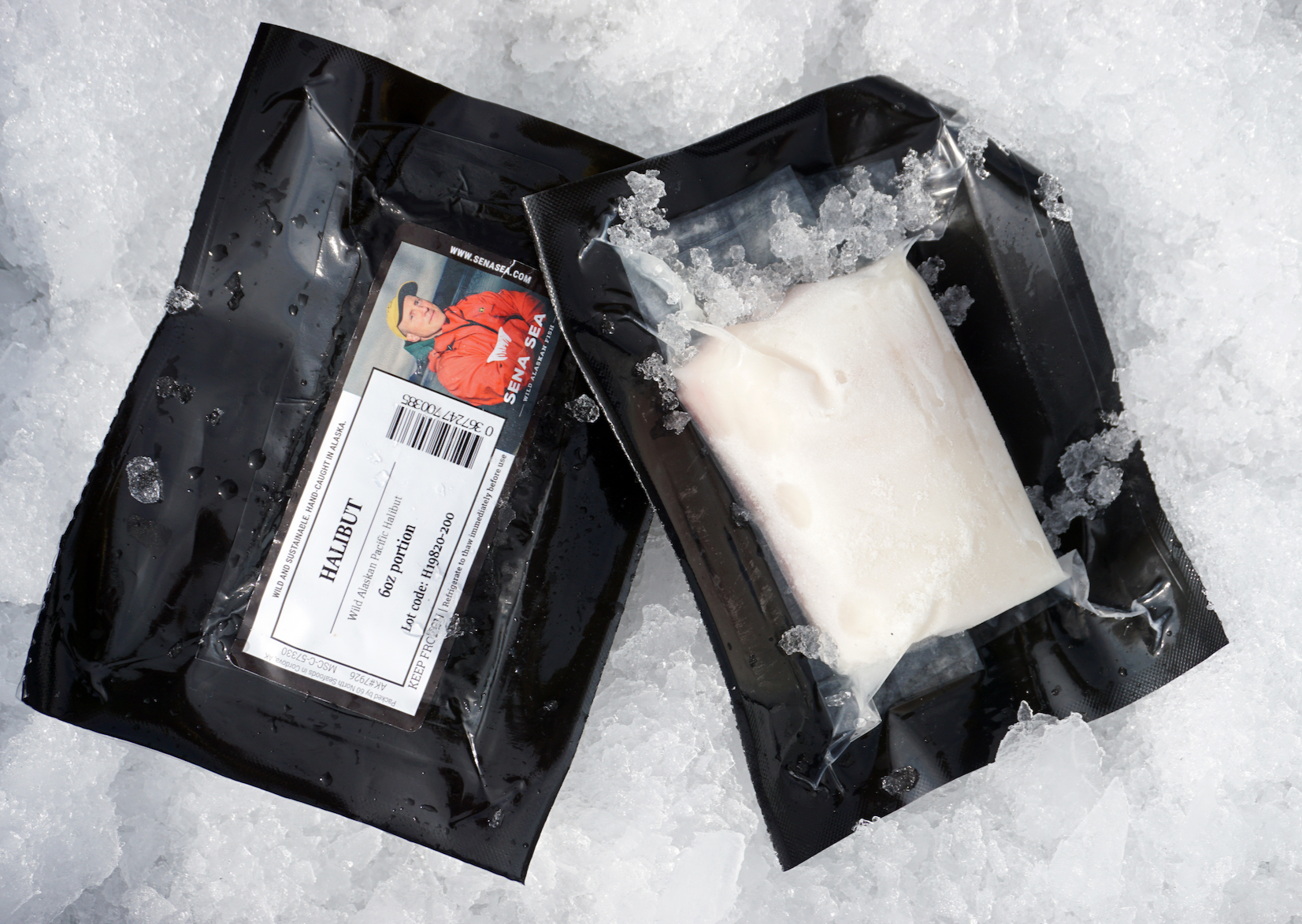 Sustainable and wild caught halibut fillets packaged on ice