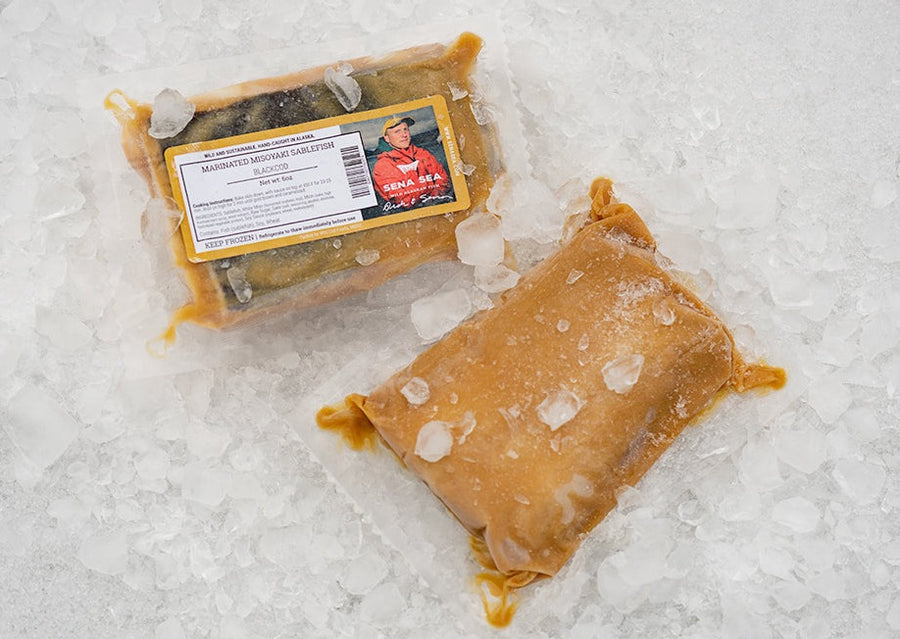 Wild caught Alaskan Marinated misoyaki sablefish fillet packaged on ice