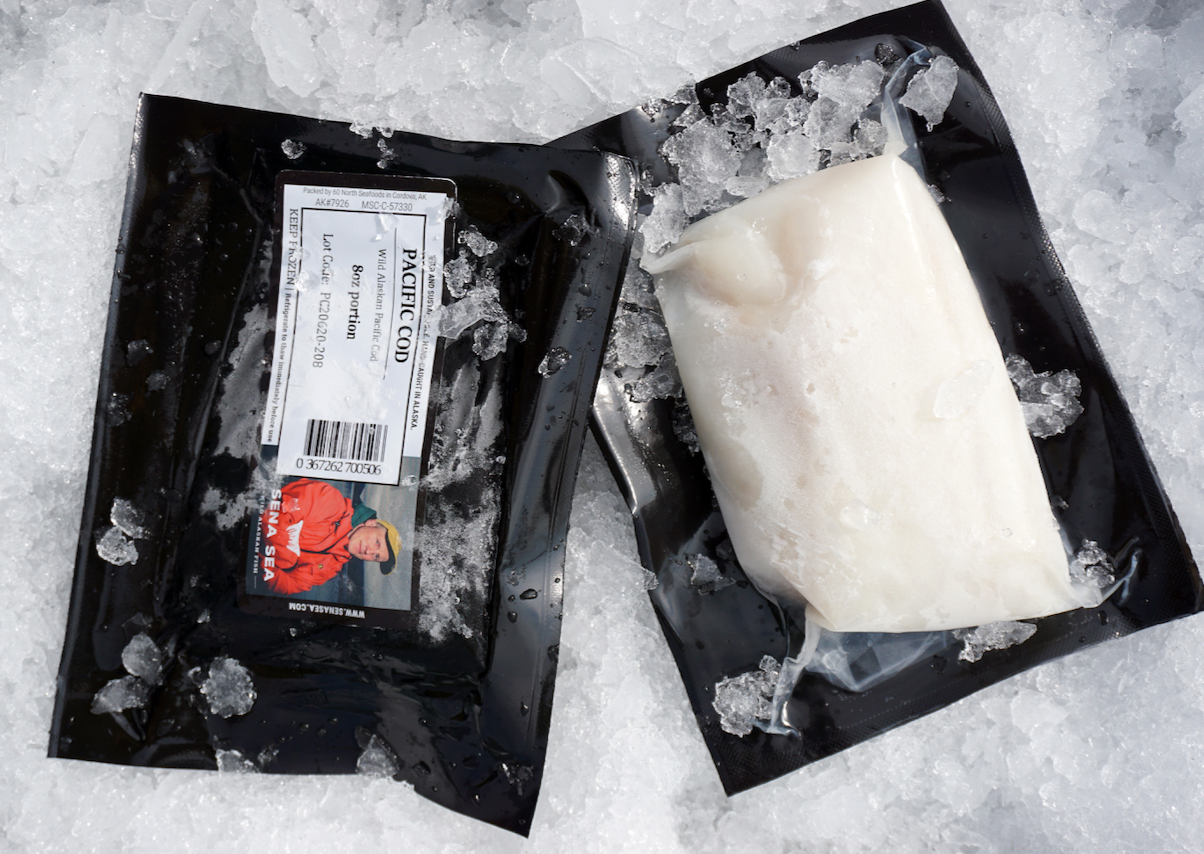 Sustainable Alaskan Pacific Cod fillets packaged on ice